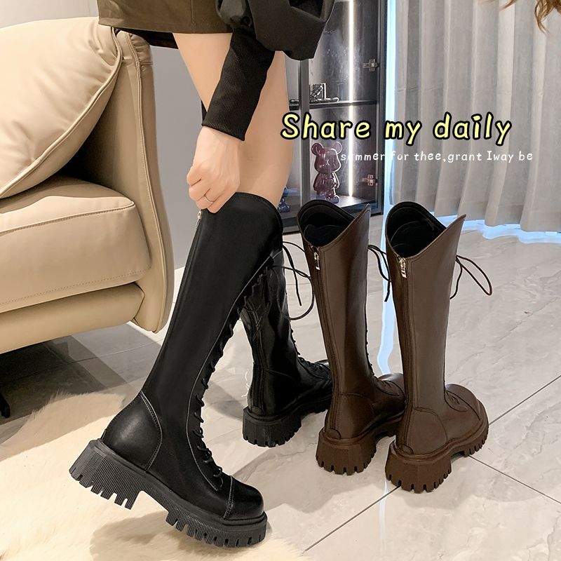 Thick-soled widening boots women's v-mouth knight boots small thick leg boots fat mm big tube circumference high boots increased leather boots