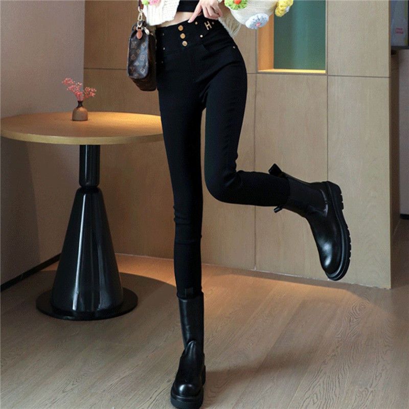 2022 autumn and winter women's high-waisted tight-fitting belly-closing bottoming long pants women's velvet magic Korean version small feet pencil black pants