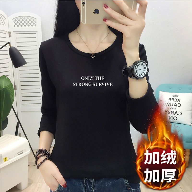 All-in-one velvet bottoming shirt women's autumn and winter self-cultivation and warmth inside with foreign style round neck plus velvet thickened long-sleeved t-shirt tops for women