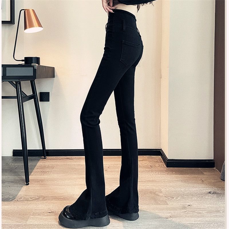 Ultra-high-waisted breasted autumn and winter micro-bell-bottomed pants for women