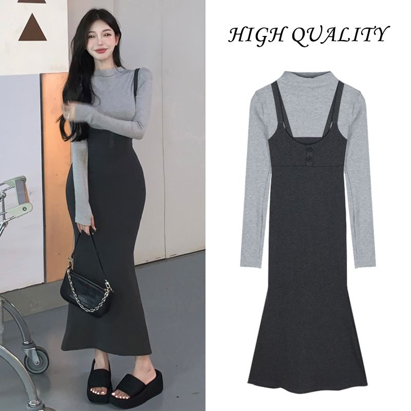 Pure desire style suspender dress female autumn and winter new hot girl slim bag hip mid-length mermaid skirt two-piece suit