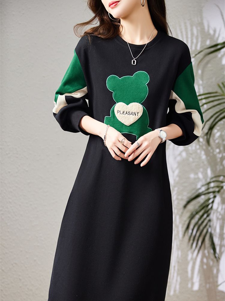 Spring and Autumn Bear Embroidery Long Sweater Dress Fat MM Extra Large Size 300 Jin Loose Belly Cover Stitching Contrast Color Dress