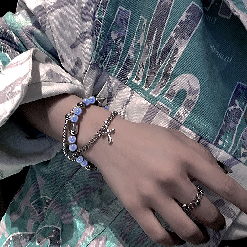 Sweet cool style cross stitching reflective pearl bracelet female ins niche design hip-hop trendy male bracelet jewelry