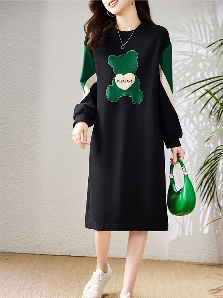 Spring and Autumn Bear Embroidery Long Sweater Dress Fat MM Extra Large Size 300 Jin Loose Belly Cover Stitching Contrast Color Dress