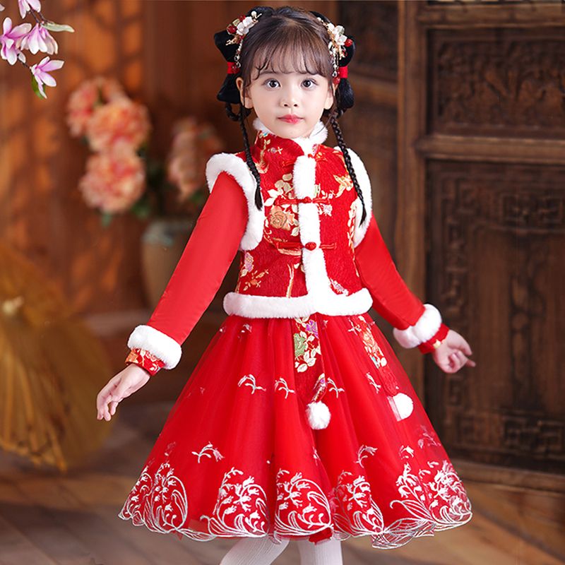 漢服女童冬裝新年唐裝拜年服寶寶紅色衣服過年服套裝兒童古裝加厚