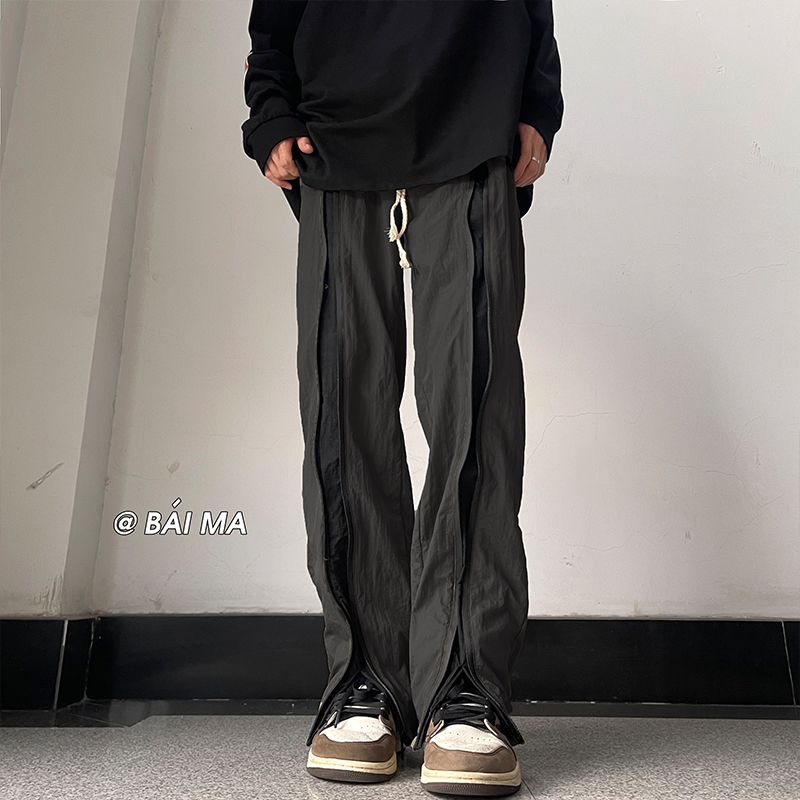 黑色拉鏈開叉衝鋒褲男防水防風直筒休閒長褲美式vibe機能高街褲子