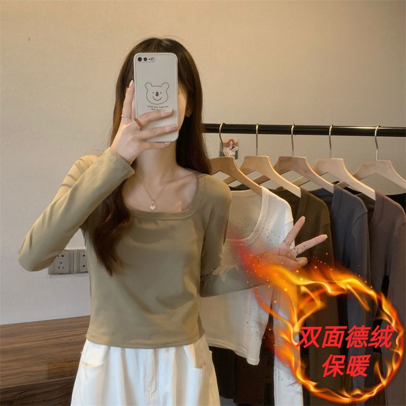 2022 winter square collar inner bottoming shirt slim short long-sleeved T-shirt women's clothing niche German velvet thickened top trend
