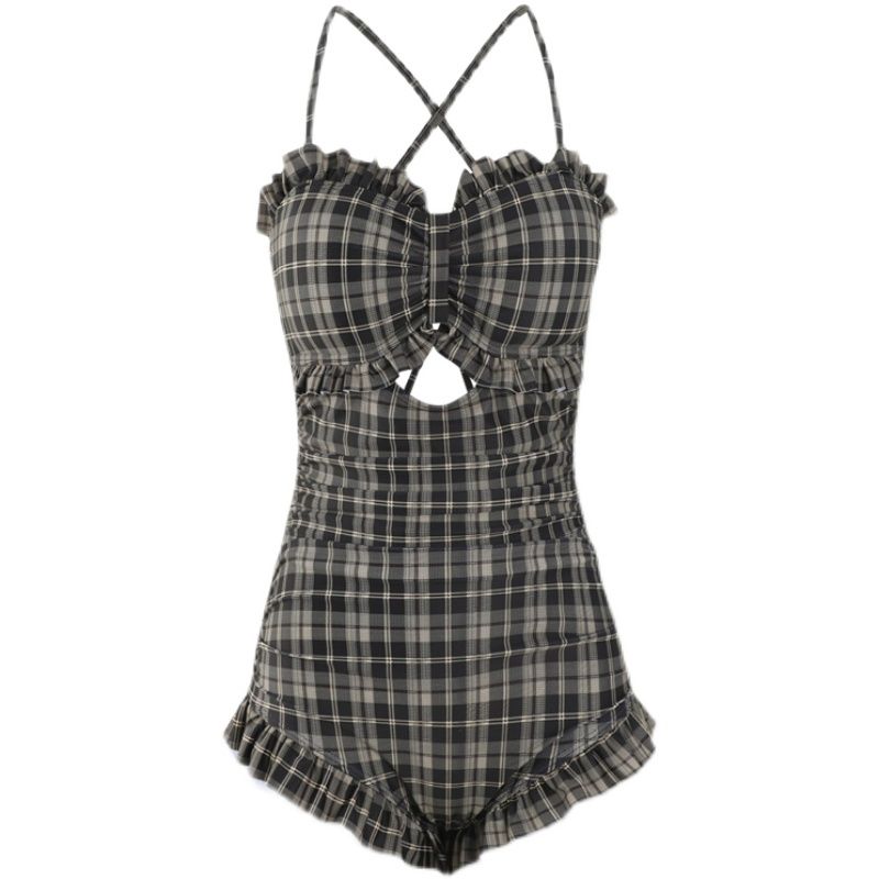 Swimsuit women's  new hot style Korean one-piece sexy plaid conservative cover belly slim fairy hot spring swimsuit
