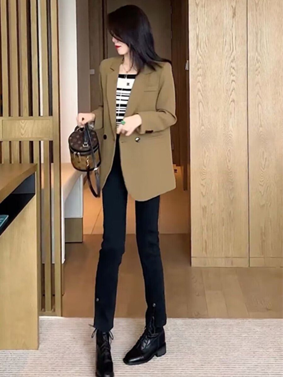Chic black small suit jacket female small man  spring and autumn short style high-end fried street Korean casual suit