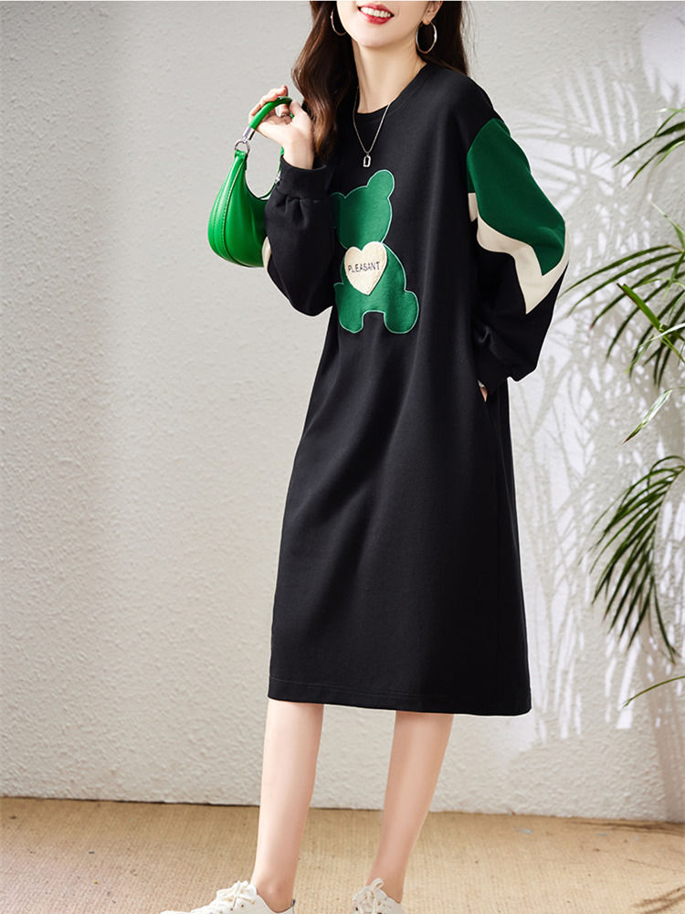 Spring and Autumn Bear Embroidery Long Sweater Dress Fat MM Extra Large Size 300 Jin Loose Belly Cover Stitching Contrast Color Dress