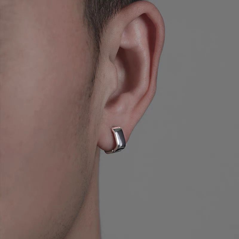 纯银耳钉男方块气质高级感潮流个性方形耳环男女复古几何宽版耳圈