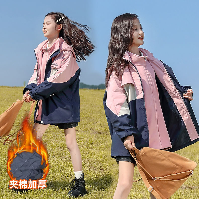 女童衝鋒衣三合一可拆卸春秋款2022新款兒童大童秋冬裝加絨厚外套