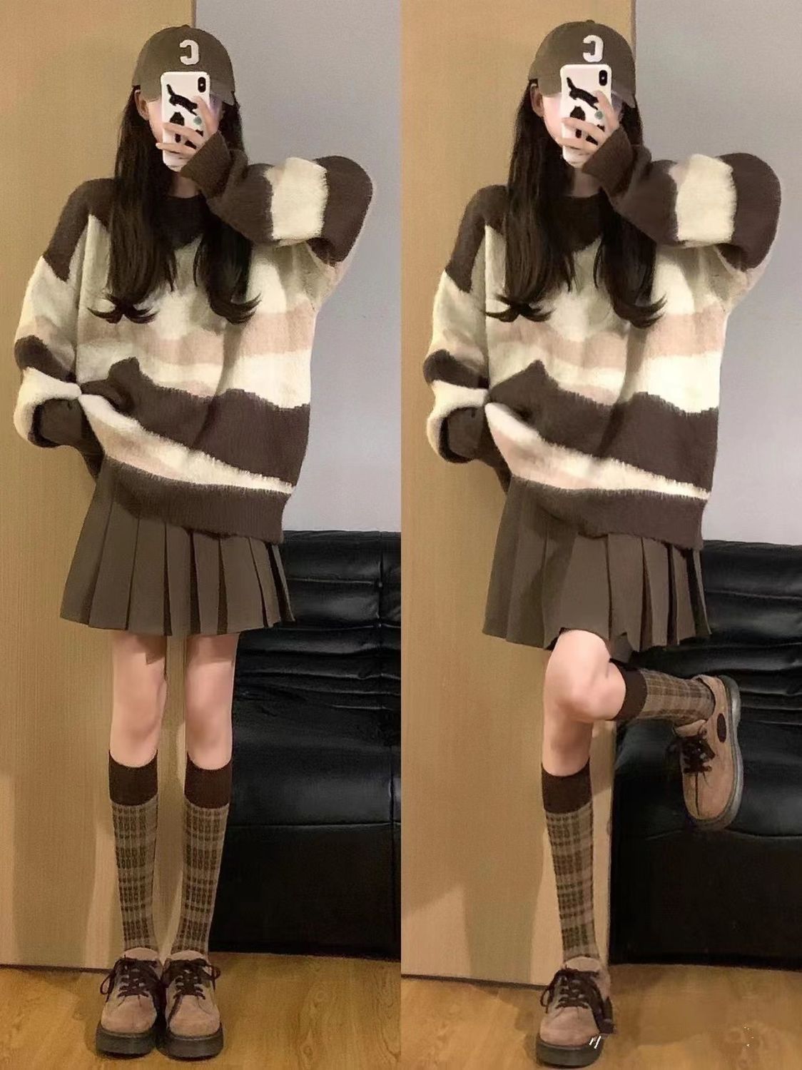 秋冬小個子鹽系穿搭撞色軟糯慵懶風新款毛衣寬鬆搭百褶短裙兩件套