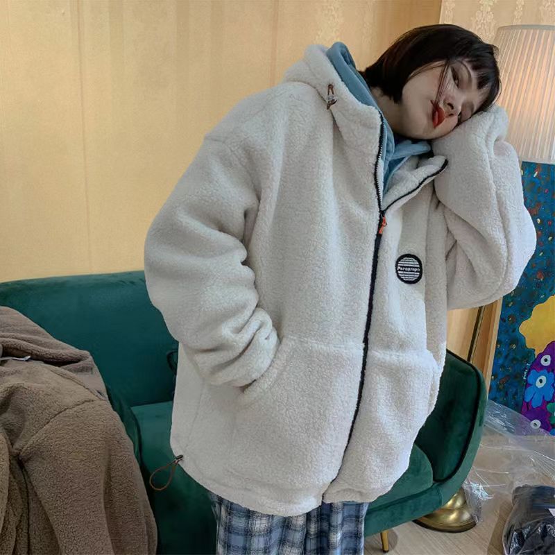 Plush thickened lamb wool coat women's autumn and winter new Korean version of the letter embroidery loose all-match plush top