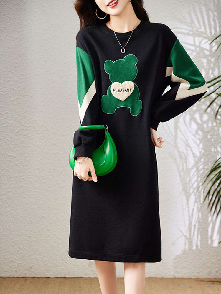 Spring and Autumn Bear Embroidery Long Sweater Dress Fat MM Extra Large Size 300 Jin Loose Belly Cover Stitching Contrast Color Dress