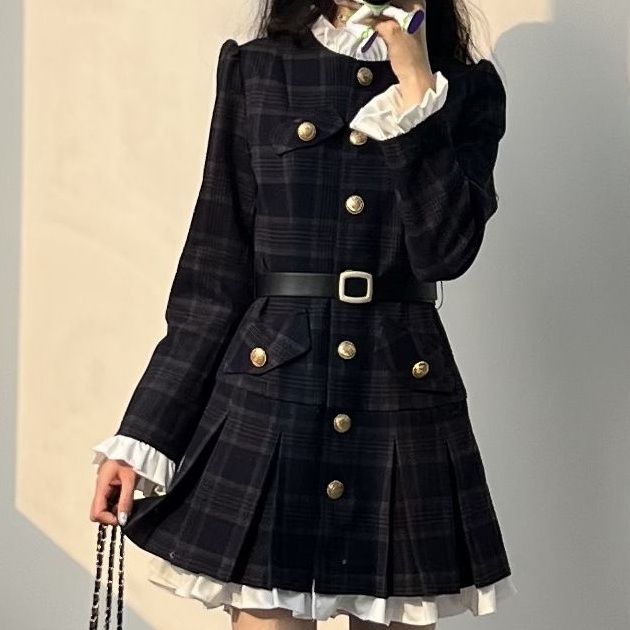 Large size French style small fragrance long-sleeved splicing dress high-end sense sweet waist slimming single-breasted suit skirt autumn