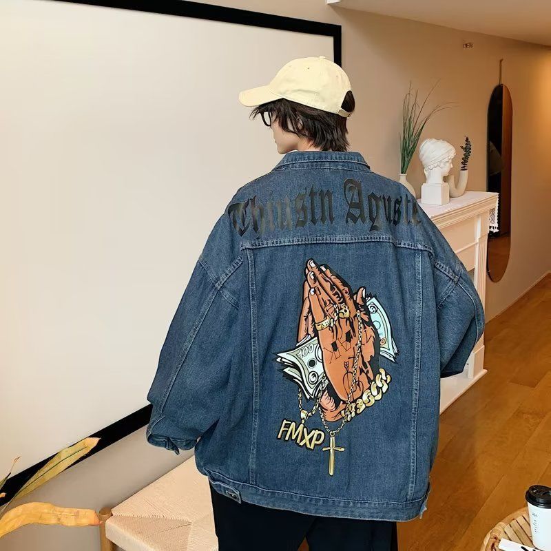 American West Coast denim jacket men's trendy brand ins European and American high street hiphop fried street couple jacket spring and autumn