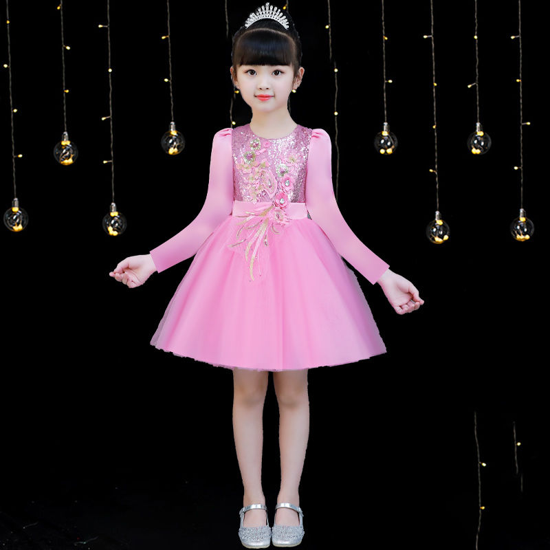 元旦儿童粉色长袖表演服女童公主蓬蓬纱裙幼儿园小学生合唱演出服