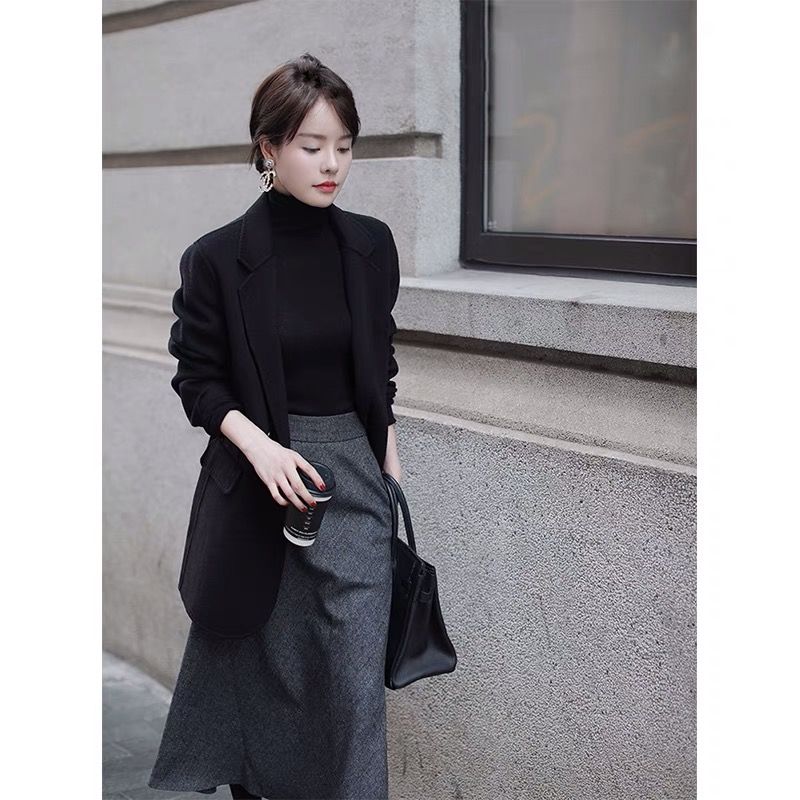 Black woolen suit jacket skirt suit dress celebrity small fragrance light luxury high-end women's clothing autumn and winter