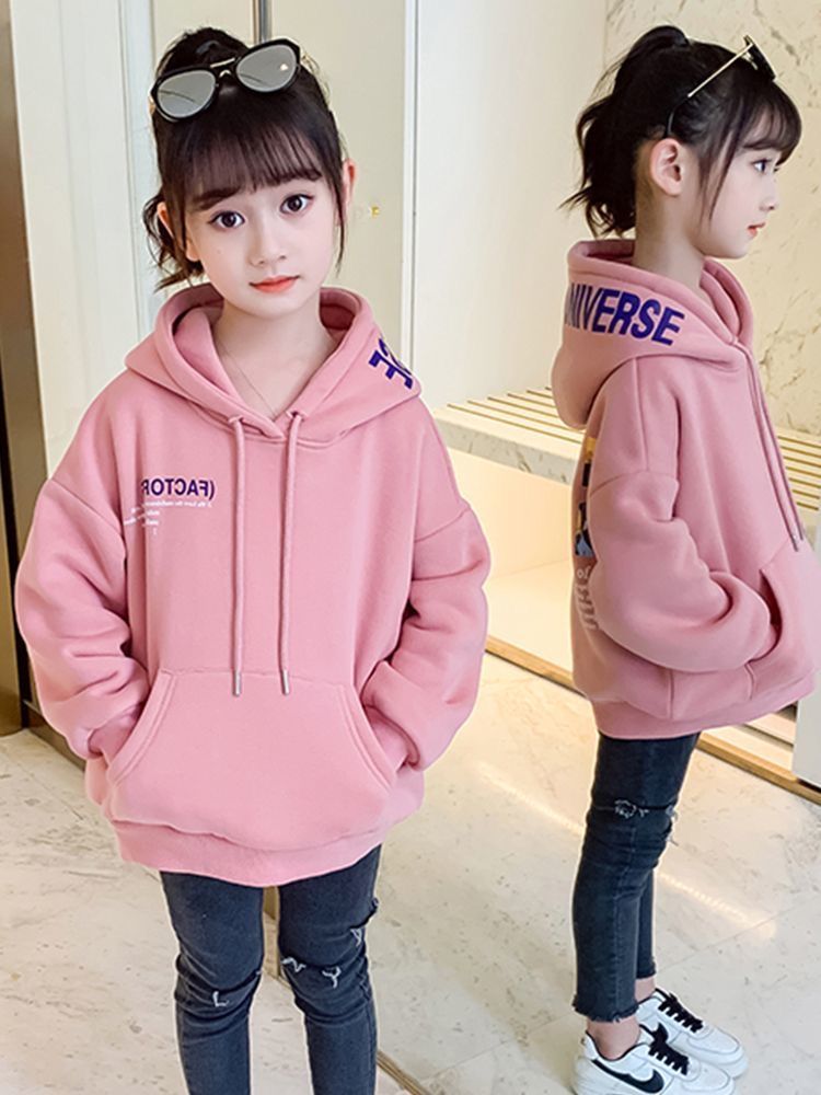 Children's sweater autumn and winter plus velvet style loose foreign style  new middle and big boys and girls plus velvet hooded jacket jacket