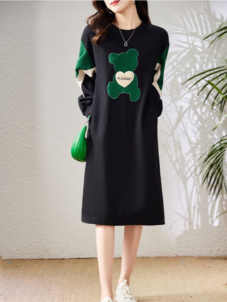 Spring and Autumn Bear Embroidery Long Sweater Dress Fat MM Extra Large Size 300 Jin Loose Belly Cover Stitching Contrast Color Dress