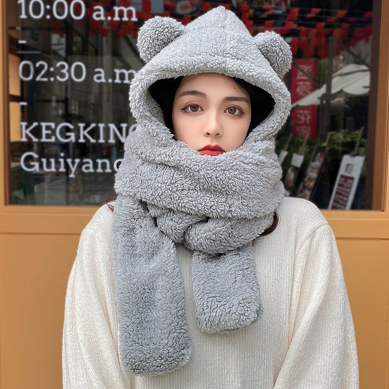 帽子女秋冬季小熊帽子围巾手套一体加厚保暖防寒毛茸茸可爱三件套