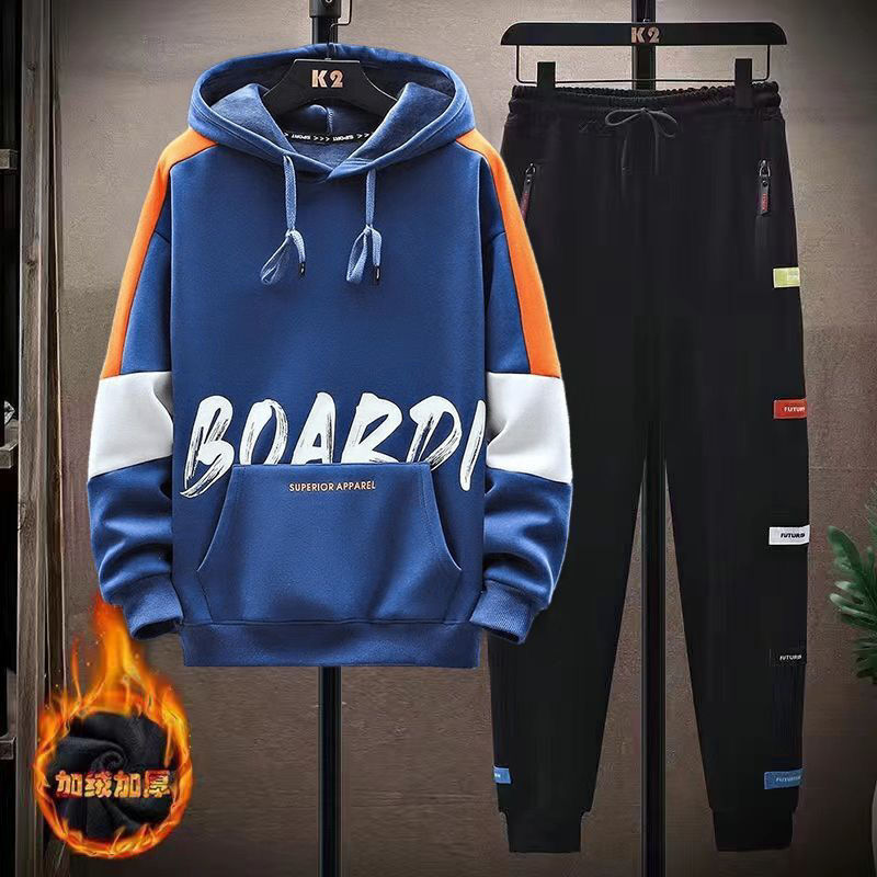 Teenagers autumn and winter hooded velvet thickened sweatshirts for middle-aged and older handsome boys junior high school students sports suits