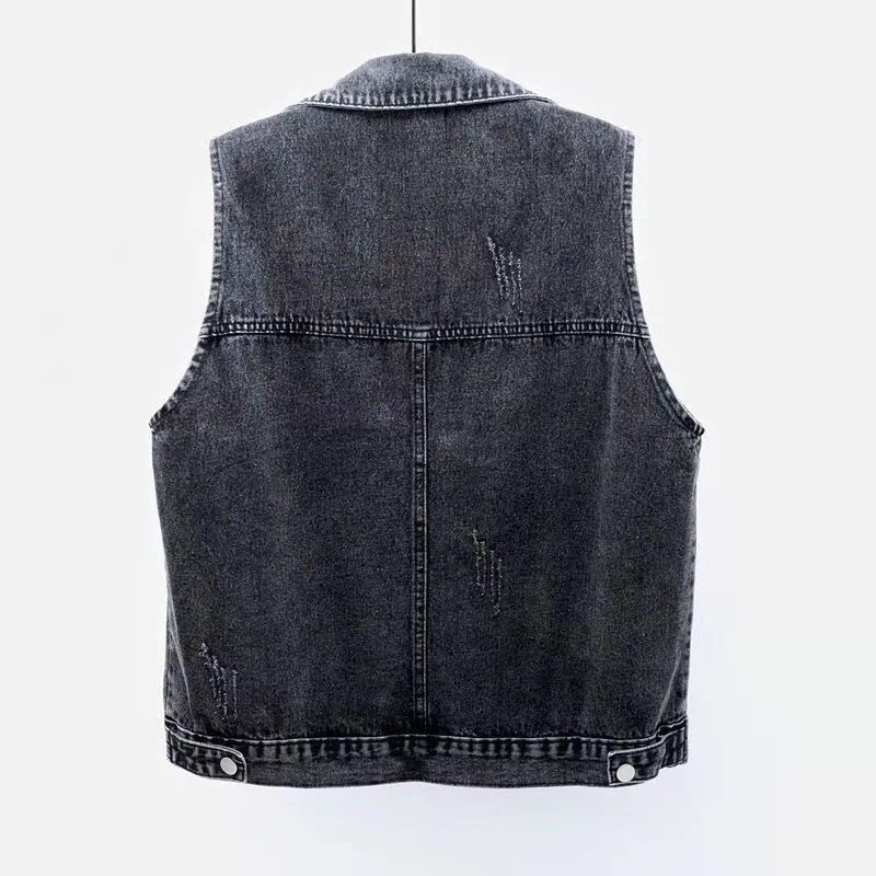 Black denim vest women's short style spring and autumn new simple large pocket sleeveless vest versatile loose top cardigan