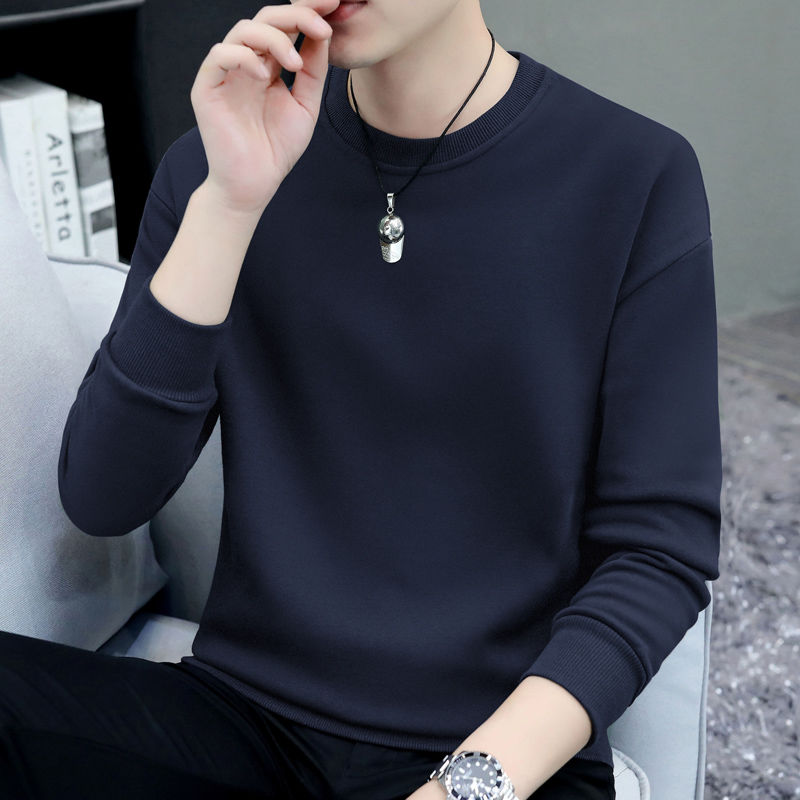Casual men's sweatshirts 2023 autumn and winter new high-end hoodless t-shirt bottoming shirt versatile pullover top solid color