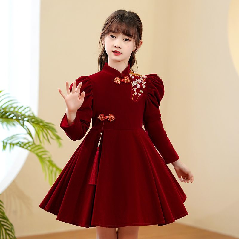 女童冬裝旗袍連衣裙2022新款兒童裙子秋冬加絨洋氣紅色國風公主裙