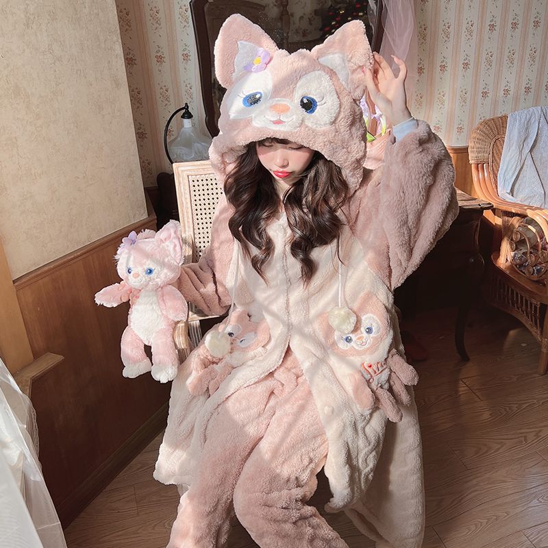 卡通可愛睡衣女秋冬季珊瑚絨加絨加厚法蘭絨中長款睡袍家居服套裝
