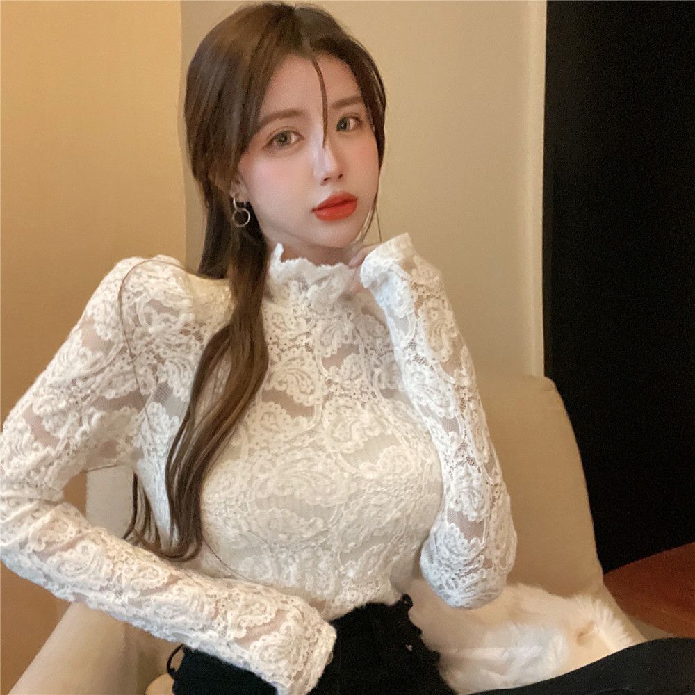 高領磨毛蕾絲打底衫女2022秋冬新款泡泡袖長袖修身內搭上衣小衫潮