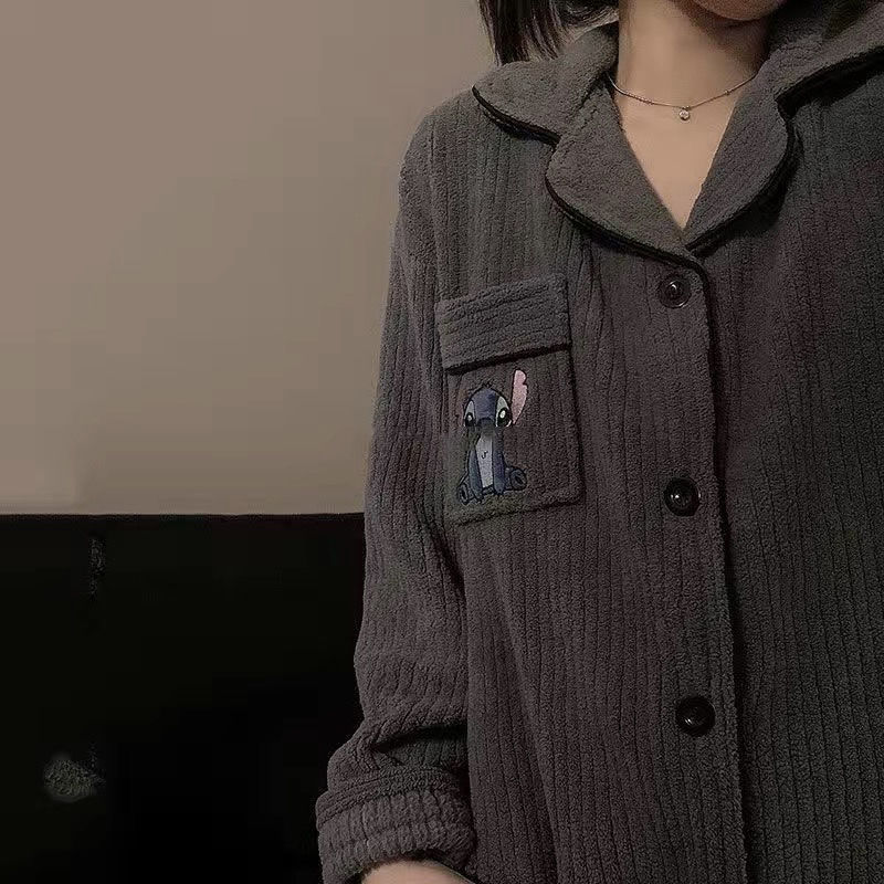 日系ins史迪奇卡通珊瑚絨睡衣女秋冬季加絨加厚法蘭絨家居服套裝