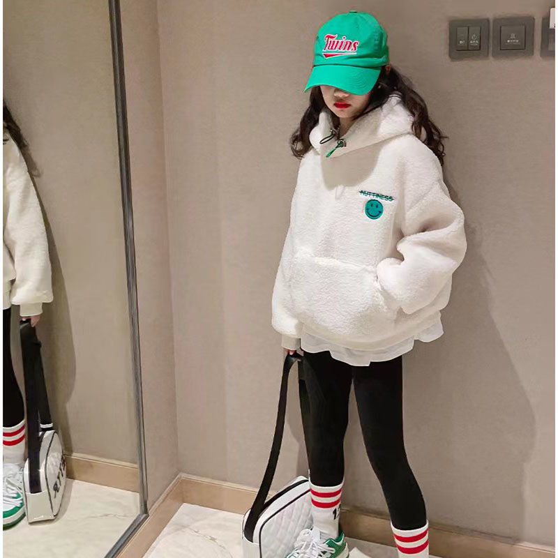 Girls' sweater children's fleece and thickened lambskin hooded jacket coat big children's foreign style winter warm clothes