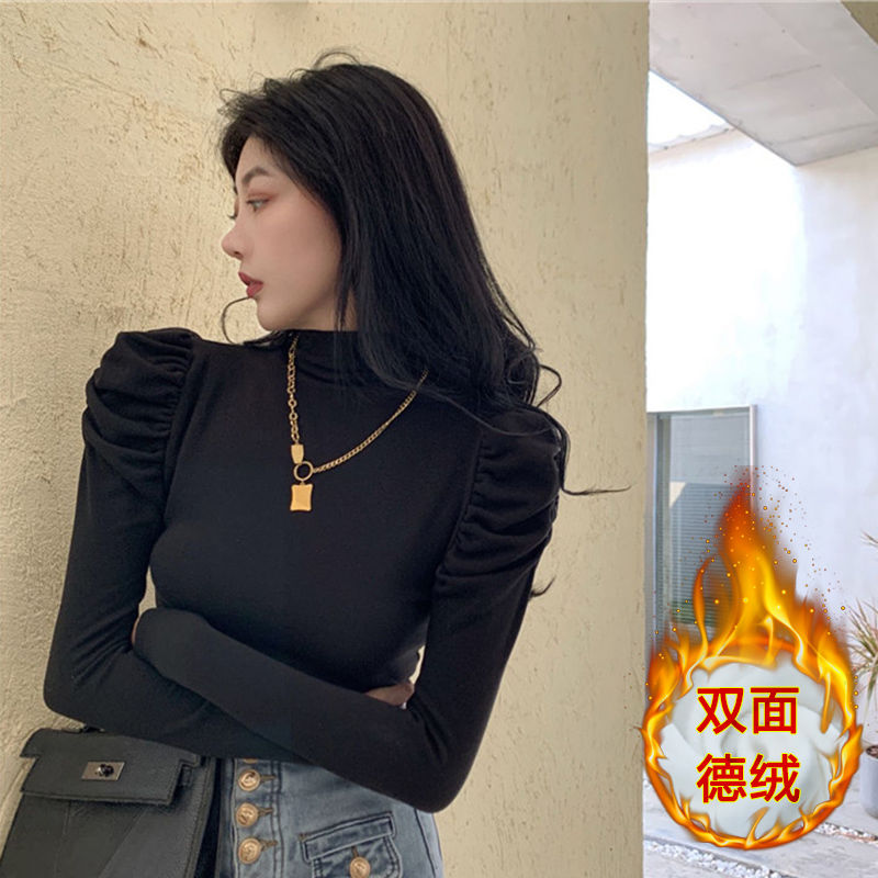 半高領內搭加絨打底衫女秋冬設計感小眾泡泡袖長袖t恤別致上衣厚
