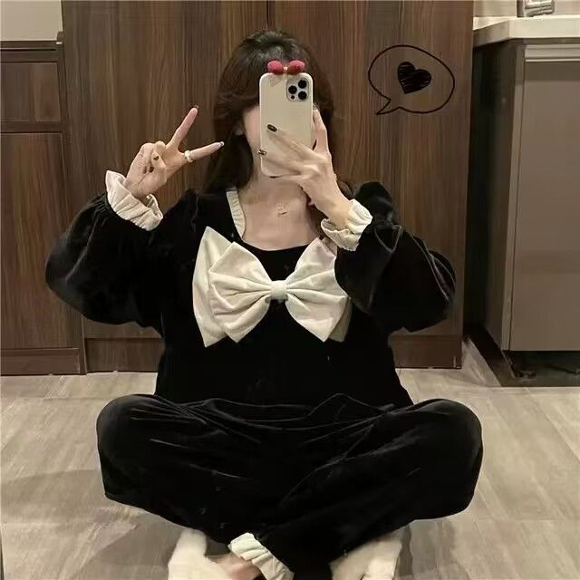 睡衣女冬季珊瑚絨新款長袖長褲蝴蝶結法蘭絨家居服兩件套裝可外穿