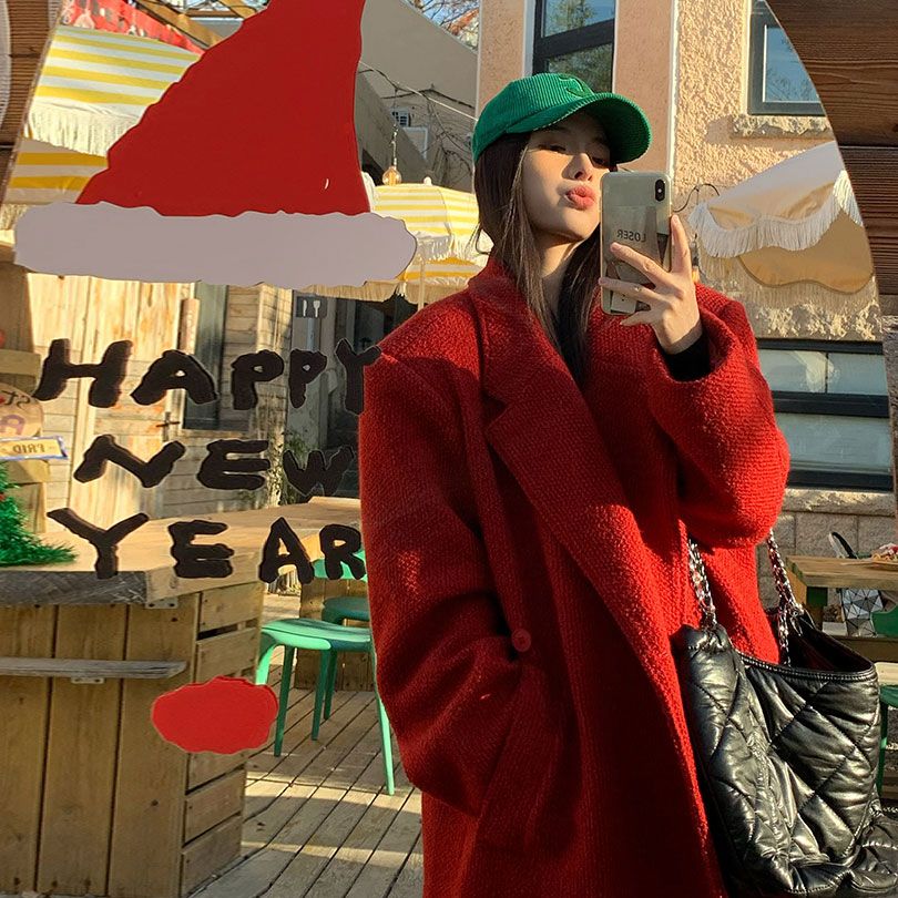 紅色毛呢中長款大衣女加厚寬鬆秋冬高級感顆粒呢西裝外套2023新款