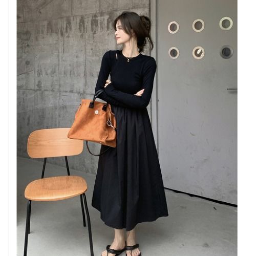 Autumn temperament black skirt  new small knitted gentle wind long-sleeved French dress female inner wear