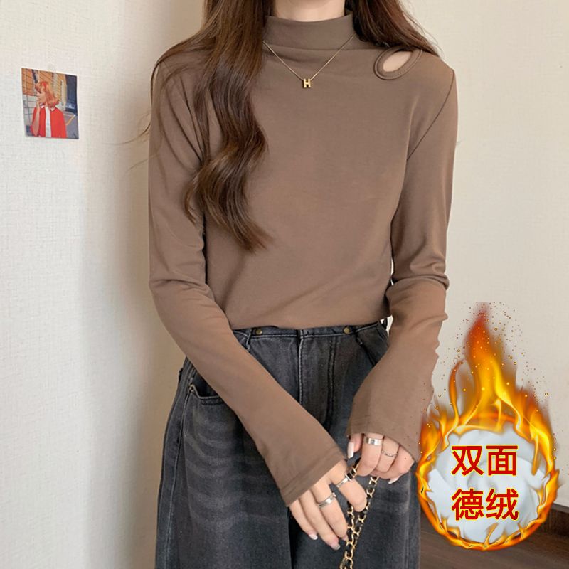 歐貨半高領雙面德絨打底衫女新款內搭破洞長袖T恤秋冬加厚小上衣
