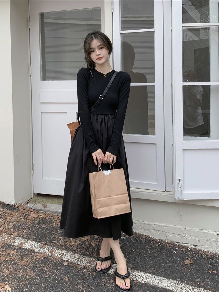 Autumn temperament black skirt  new small knitted gentle wind long-sleeved French dress female inner wear