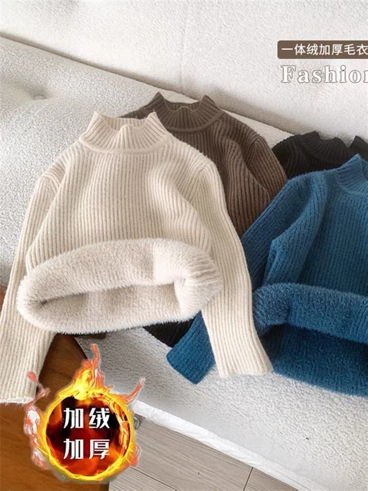 Children's sweater autumn and winter new boys and girls plus velvet thickened one velvet warm top baby bottoming knitted sweater tide