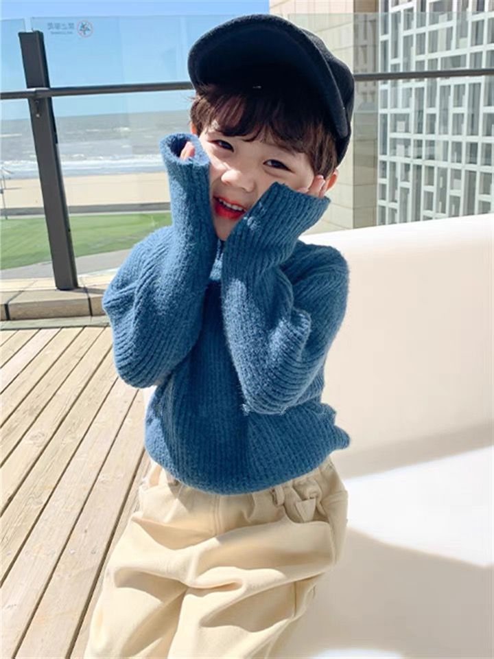 Children's sweater autumn and winter new boys and girls plus velvet thickened one velvet warm top baby bottoming knitted sweater tide