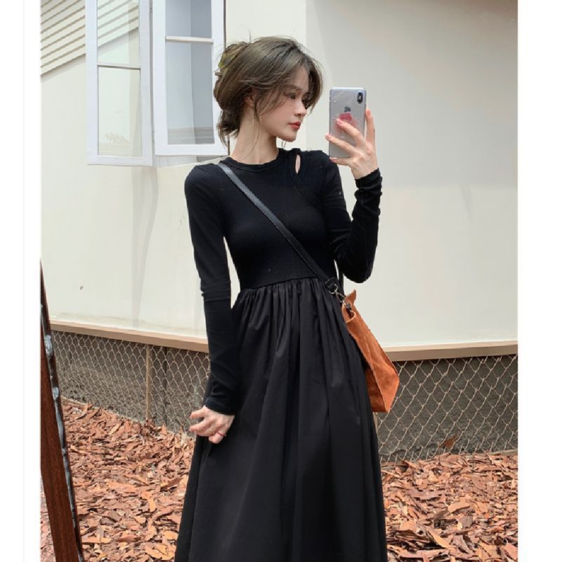 Autumn temperament black skirt  new small knitted gentle wind long-sleeved French dress female inner wear