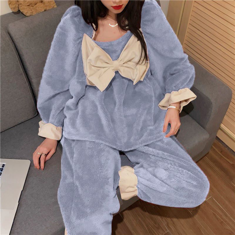 睡衣女秋冬季珊瑚絨甜美可愛學生蝴蝶結加厚家居服兩件套裝可外穿