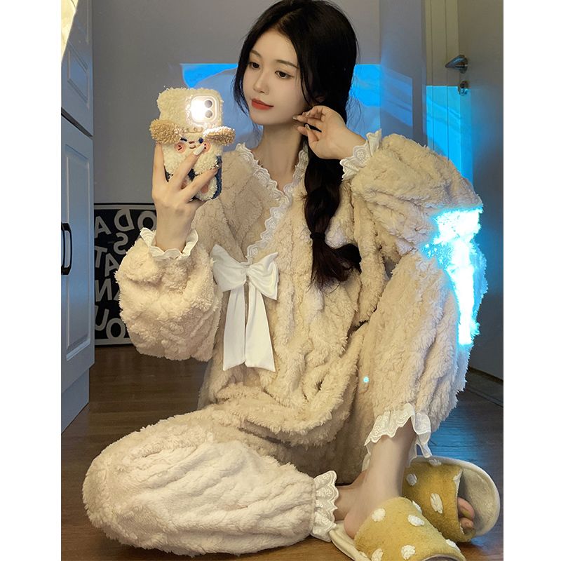 珊瑚絨睡衣冬季女款加厚加絨公主風花邊秋冬天網紅風法蘭絨套裝