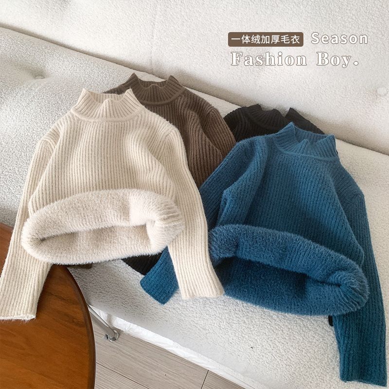 Children's sweater autumn and winter new boys and girls plus velvet thickened one velvet warm top baby bottoming knitted sweater tide