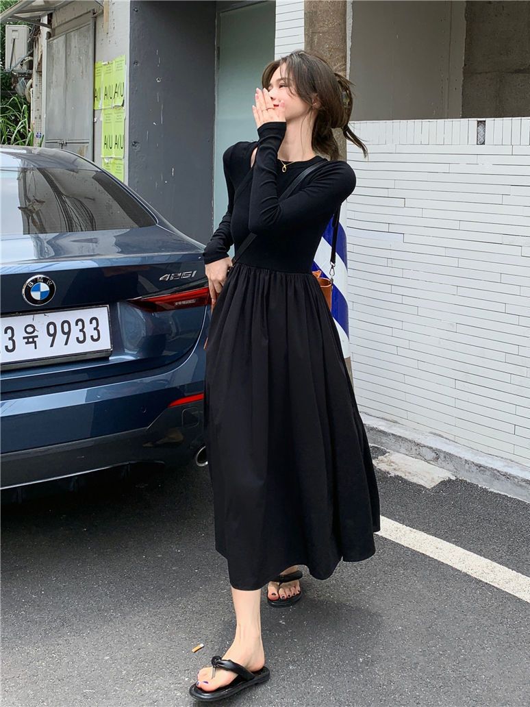 Autumn temperament black skirt  new small knitted gentle wind long-sleeved French dress female inner wear