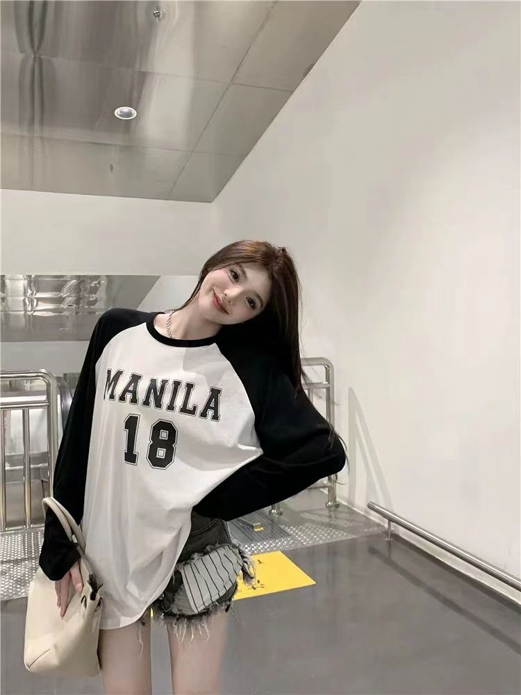 潮牌純棉t恤女印花2023新款寬鬆春秋撞色ins上衣打底衫插肩長袖