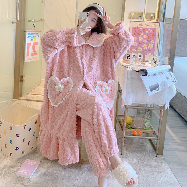Large size 300 catties winter thickened and lengthened nightgown + pants cute and sweet home service suit fat MM age-reducing home service