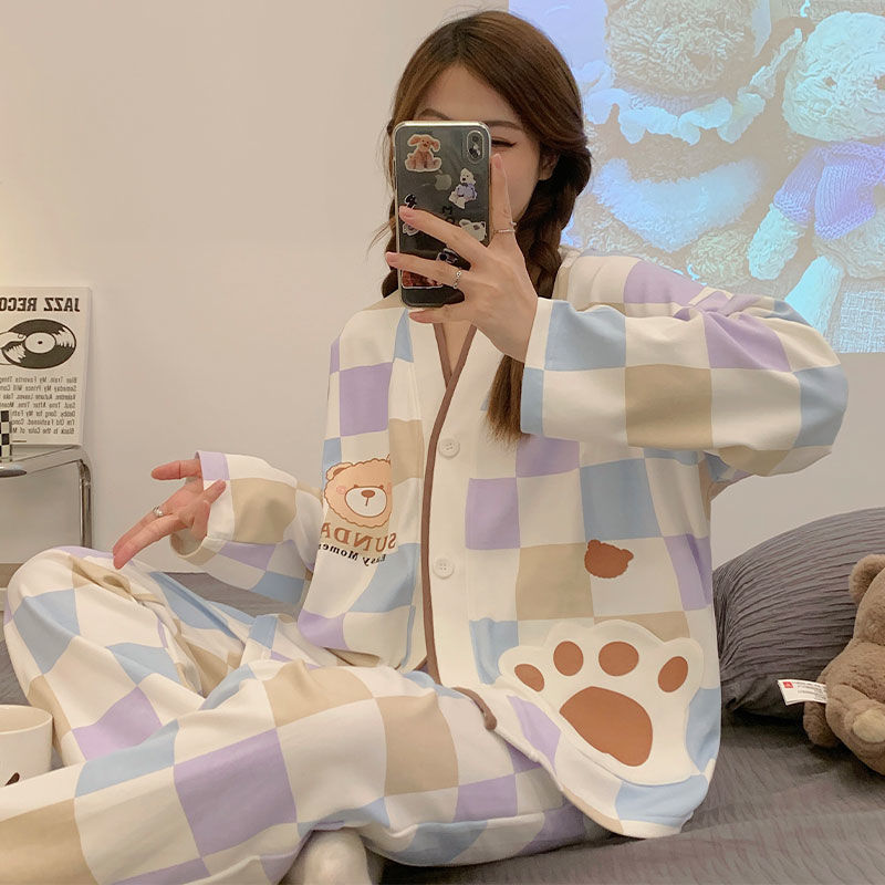 Women's pajamas spring and autumn cotton long-sleeved trousers suit cartoon sweet and cute early spring cardigan home service can go out